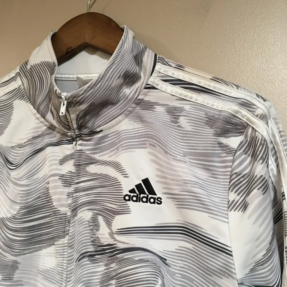 Adidas Full Zip Track Jacket Kids Youth XL White Gray Sporty Abstract Athletic